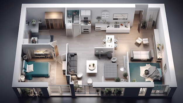 Foto planta 3d de uma casa ilustração 3d conceito aberto layout de apartamento generative ai
