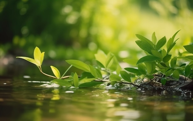 Una planta en el agua con hojas verdes.