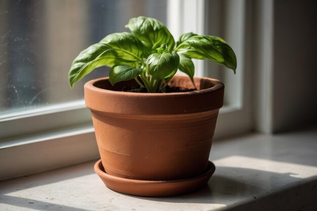 Planta de albahaca fresca en una olla de terracota junto a la ventana