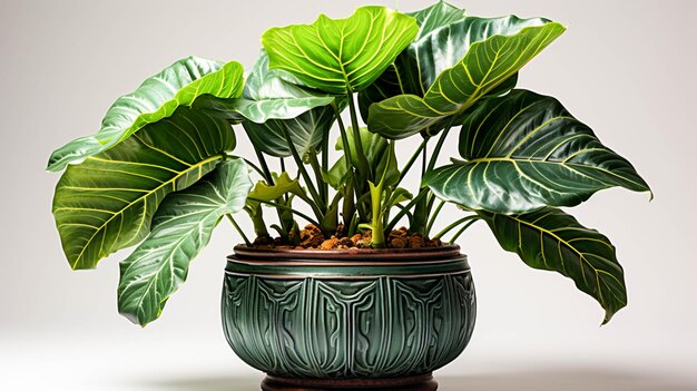 Foto planta de alocasia regal shield en una olla sobre un fondo blanco