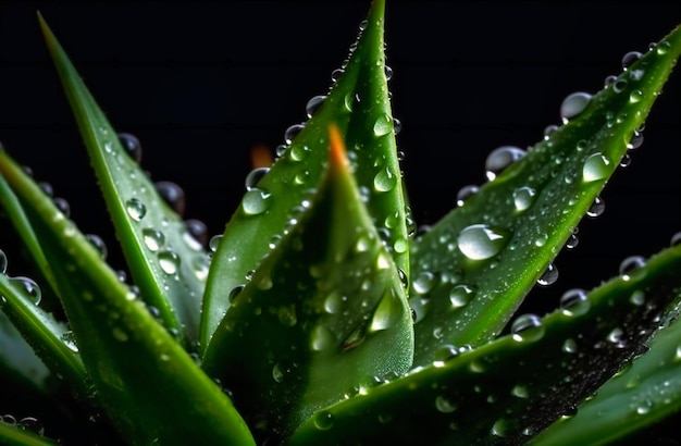 Planta de aloe de cerca con gotas de agua en la parte superior