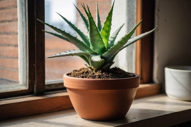 Foto planta de aloe vera en una olla de terracota en el interior