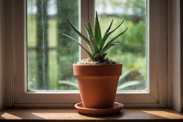 Planta de aloe vera en una olla de terracota en el interior