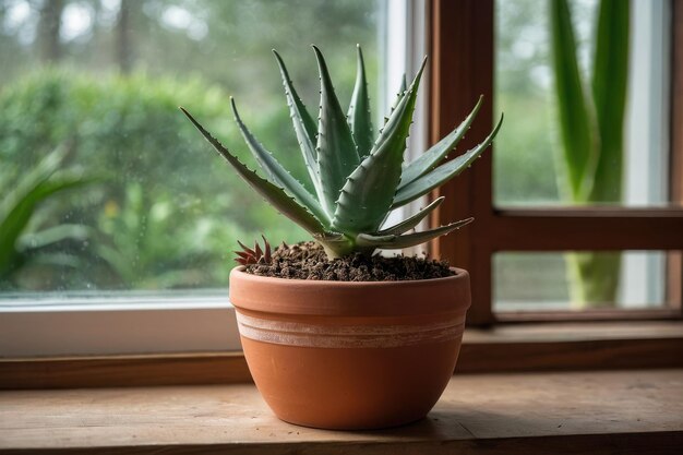 Foto planta de aloe vera en una olla de terracota en el interior