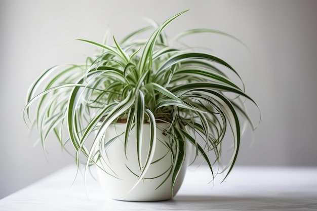 Planta araña Chlorophytum Comosum en una maceta blanca sobre un fondo blanco IA generativa