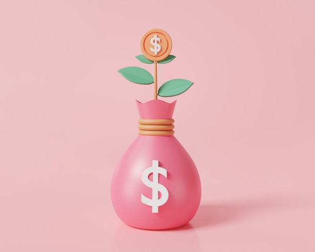 Planta de árbol de dinero con bolsa de dinero sobre fondo rosa Concepto de ahorro de dinero finanzas desarrollo sostenible ingresos de negocios almacenamiento dinero dinero inversión crecimiento económico 3d renderizar ilustración