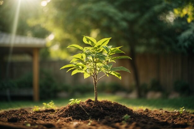 Planta un árbol con el telón de fondo de la puesta de sol y la naturaleza.