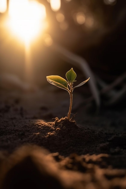 Una planta en la arena con el sol brillando sobre ella.