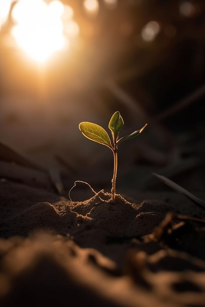 Una planta en la arena con el sol brillando sobre ella.