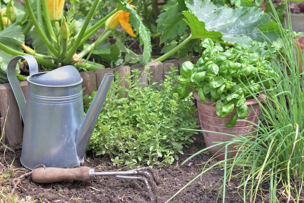 Planta aromática e manjericão em vaso em um jardim com equipamento de jardinagem no solo