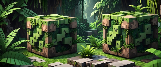 Planta artificial inspirada en Minecraft compuesta por cubos digitales Minecraft mundo voxel superficie de la tierra