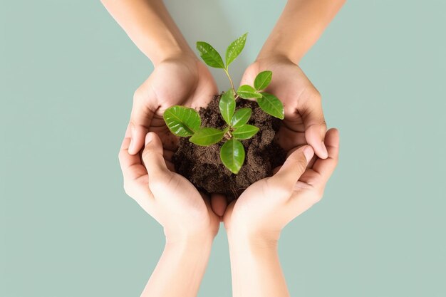 Planta de asimiento manual para salvar el medio ambiente campaña aislada sobre fondo verde pastel