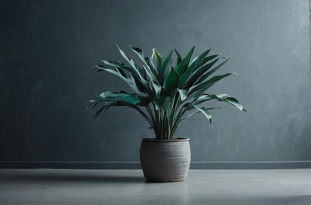 Planta de atractivo acuático en una habitación vacía con pared gris