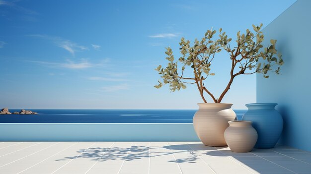 Planta azul cerca de la puerta junto con vistas al mar minimalismo oriental vacaciones de verano o vacaciones