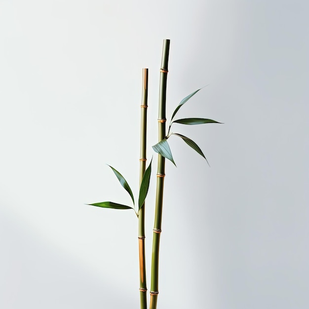 Una planta de bambú con hojas verdes y un fondo blanco.