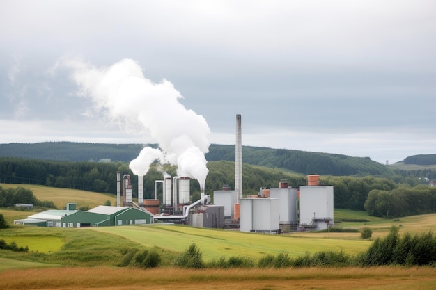 Planta de bioenergía con vapor y humo saliendo de las chimeneas creadas con ai generativa