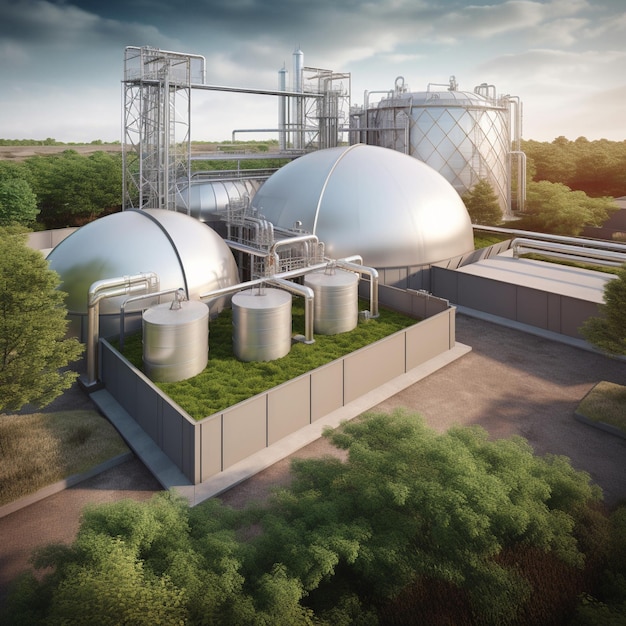 Planta de biogás renovable con tanques de fermentación y generadores