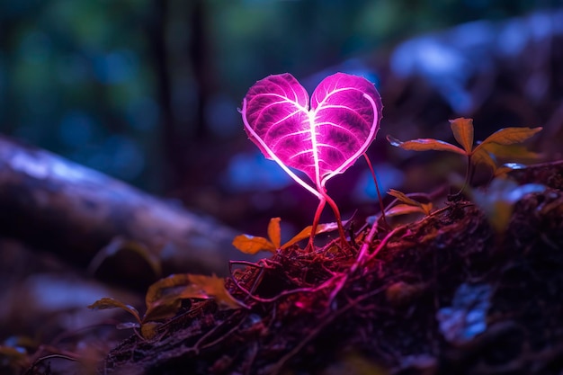 Foto planta bioluminiscente brillante con forma de corazón humano en un bosque misterioso ia generativa