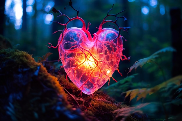 Planta bioluminiscente brillante en forma de corazón humano en un bosque misterioso IA generativa