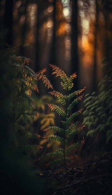 Una planta en el bosque con el sol detrás