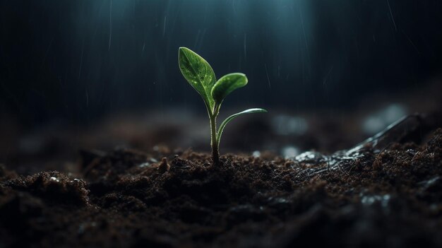 Una planta brota en la oscuridad.