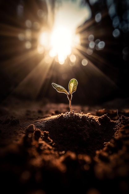 Una planta brota en la oscuridad.