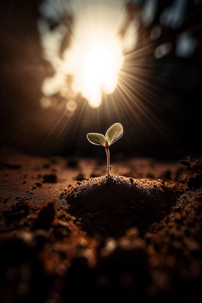 Una planta brota en la oscuridad.