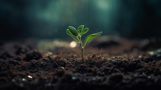 Una planta brota del suelo bajo la lluvia.