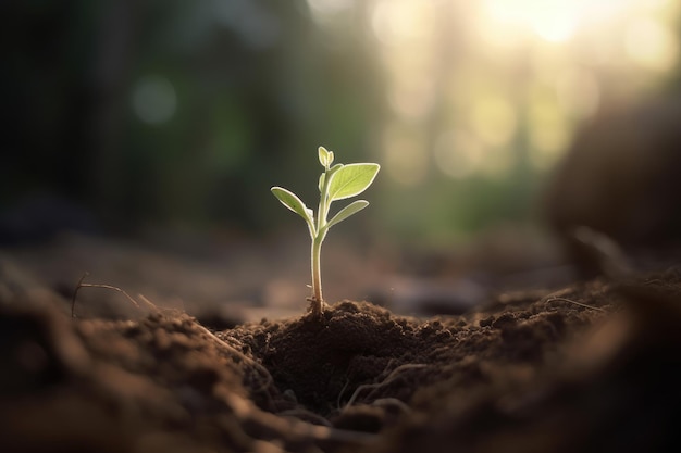 Una planta brota en el suelo con el sol brillando a través de ella.