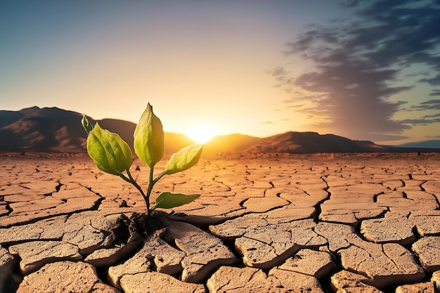 Una planta brota de la tierra agrietada.