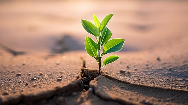 Una planta brotando de una grieta en el desierto