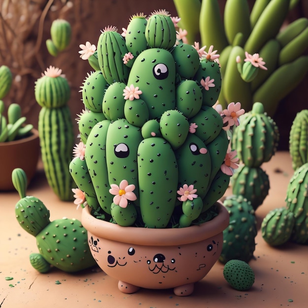 Una planta de cactus con cara y ojos está rodeada de otros cactus.