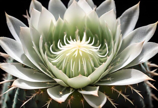 una planta de cactus con un centro verde y un fondo negro