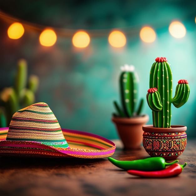 Planta de cactus Cinco de Mayo con sombrero con instrumento musical