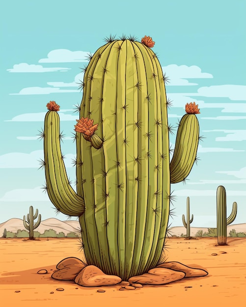 planta de cactus de dibujos animados en el desierto con un fondo de cielo generativo ai