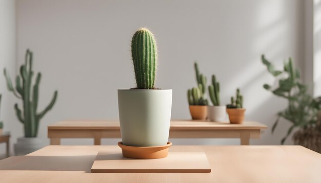 una planta de cactus está en una mesa con otras plantas