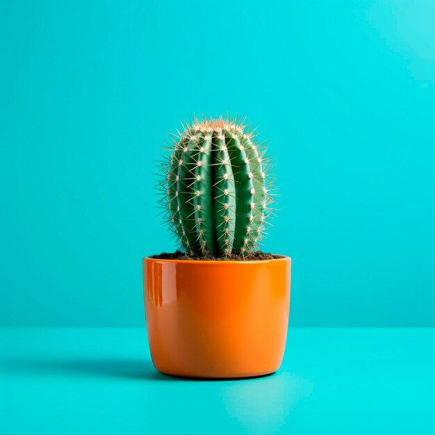 Una planta de cactus está en una taza con un fondo azul.