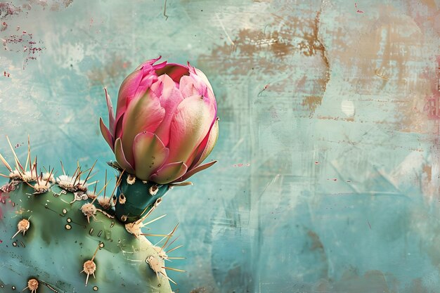 una planta de cactus con flores rosadas y un fondo azul