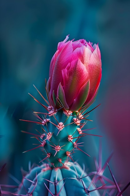 una planta de cactus con flores rosadas y un fondo azul