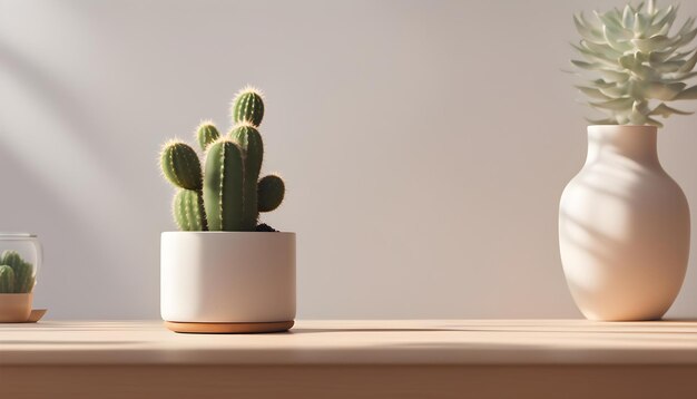 una planta de cactus en una olla blanca está en un estante