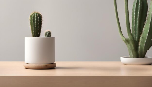 una planta de cactus en una olla blanca está en una mesa