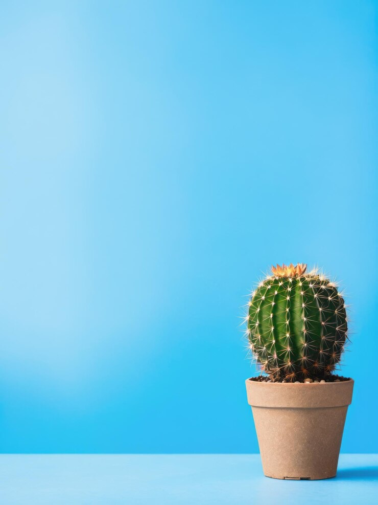 Planta de cactus sobre fondo azul con mucho espacio de copia concepto minimalista