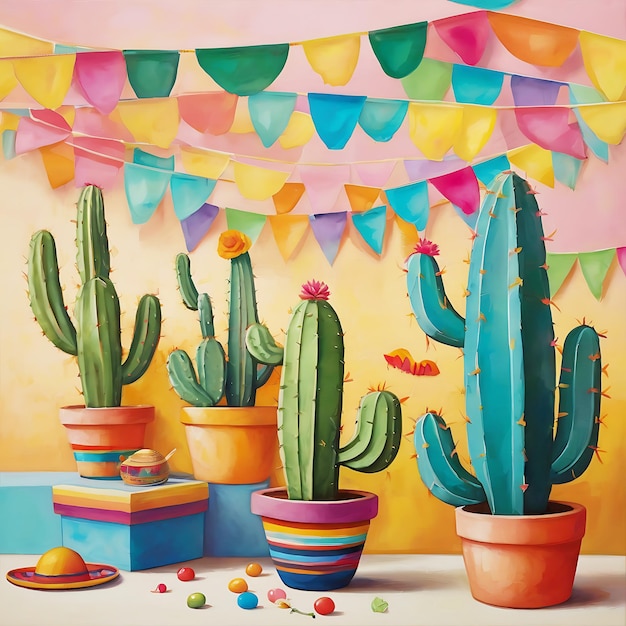 La planta de cactus con sombrero y maracas para el evento mexicano