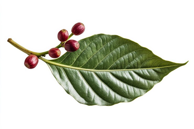 Planta de café sobre un fondo blanco de hojas