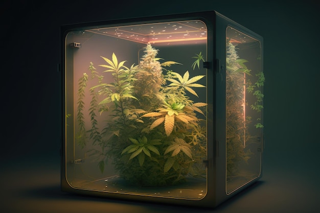 Planta de cannabis con cogollos en caja de cultivo de vidrio en habitación vacía ai generativo