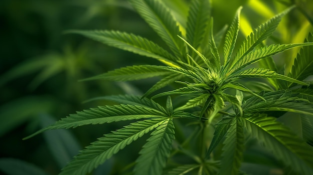 Planta de cannabis con hojas y cogollos sobre un fondo borroso