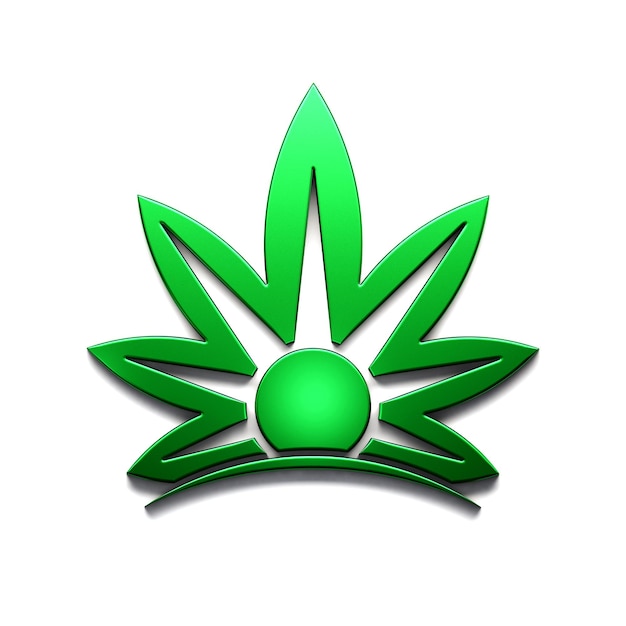 Planta de cannabis en icono de logotipo de estilo de sol verde aislado sobre fondo blanco 3D Render ilustración