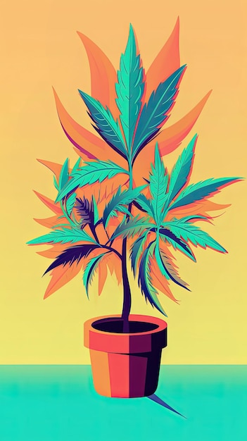 Planta de cannabis que crece fuera de la olla Ilustración colorida de estilo de dibujo a mano