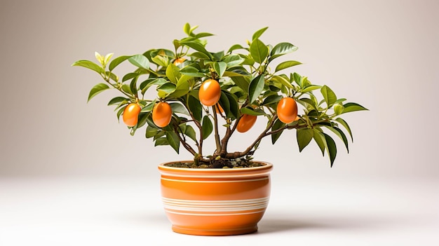 Planta de caqui americano en una maceta sobre fondo blanco.