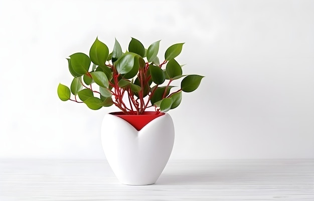 Foto planta de casa con hojas verdes y corazones rojos en una olla blanca en una mesa de madera blanca sobre un fondo blanco